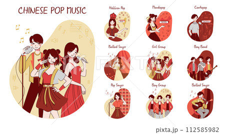 Chinese pop music set. Musicians playing instrument and singing with a microphone. Taiwan, cantonese and mandarin music. Girl and boy band. Flat vector illustration Chinese pop music set. Musicians playing instrument and singing with a microphone. Taiwan, cantonese and mandarin music. Girl and boy band. Flat vector illustration 112585982