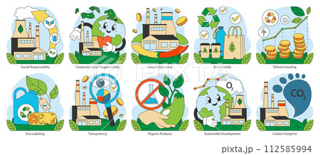 Ethical consumption set. Highlights responsible business practices and environmental care. Reflects sustainable living and green economy principles. Flat vector illustration. Ethical consumption set. Highlights responsible business practices and environmental care. Reflects sustainable living and green economy principles. Flat vector illustration. 112585994