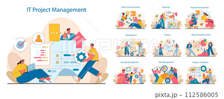 IT project management set. Stages from planning to execution displayed. Workflow efficiency, team collaboration, and client interaction in project phases. Flat vector illustration. 112586005