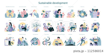 Sustainability concept set. Environmental protection and social responsibility. Climate and nature preservation. ESG and CSR, business and society footprint. Flat vector illustration 112586014