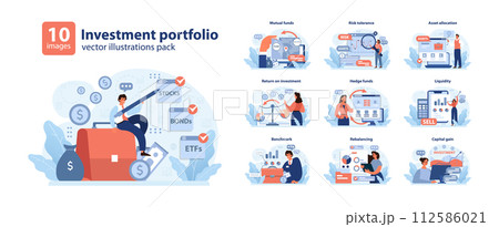 Investment portfolio set. Diverse financial themes showcased. Mutual funds, risk tolerance, asset allocation. Liquidity, hedge funds, return on investment. Capital gain, benchmark insights 112586021