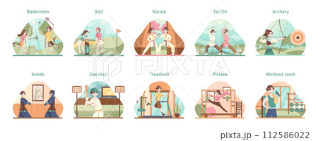 Asian people doing sport set. Modern and traditional sport activities, martial art and fitness. Female and male characters with healthy lifestyle. Sportsmen training. Flat vector illustration 112586022