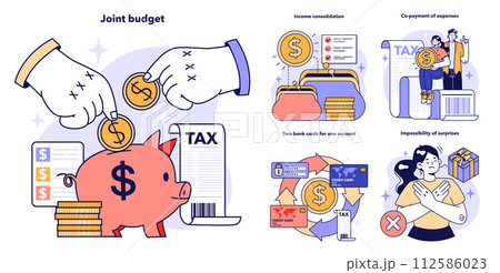 Joint family budget set. Household earnings and expenses accounting. Financial efficiency, budgeting and economy idea. Modern family lifestyle. Flat vector illustration 112586023