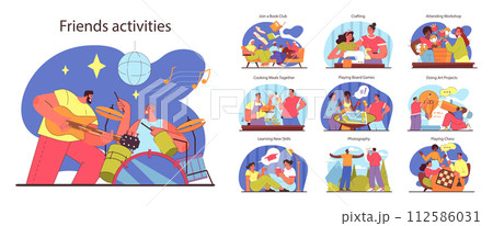 Friends activities set. Diverse group enjoys music jamming, crafting, and workshops. Bonding over board games, cooking, chess, and photography. Flat vector illustration. Friends activities set. Diverse group enjoys music jamming, crafting, and workshops. Bonding over board games, cooking, chess, and photography. Flat vector illustration. 112586031