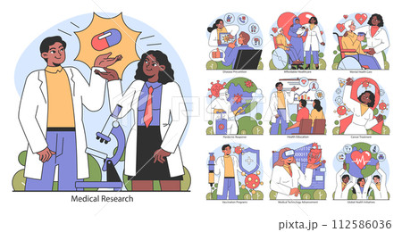 Medical set. Diverse healthcare professionals engaged in research and patient care. Exploration of treatments, disease prevention, and global health education. Flat vector illustration. Medical set. Diverse healthcare professionals engaged in research and patient care. Exploration of treatments, disease prevention, and global health education. Flat vector illustration. 112586036