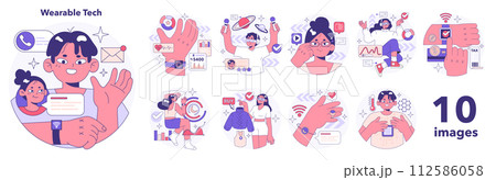 Wearable technology set. Smart device. Character using electronic device to monitor, analyze and transmit personal data. Smartwatches, smartglasses or accessories. Flat vector illustration 112586058