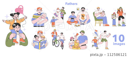 Father and children relationships set. Happy loving family, positive parenting and nurturing. Care, trust and support between parent and a child. Man and kid daily life. Flat vector illustration. Father and children relationships set. Happy loving family, positive parenting and nurturing. Care, trust and support between parent and a child. Man and kid daily life. Flat vector illustration. 112586121