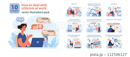 How to deal with judgement at work set. Employee dealing with pressure from manager, learning how to take constructive criticism. Flat vector illustration 112586127