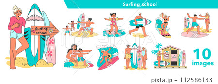 Surfing school set. Characters in a swimsuit spending time on the beach. Coach training, teaching new learners to surfboard. Popular extreme sport, recreation or activity. Flat vector illustration 112586133