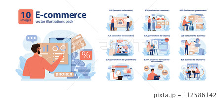 E-store and e-commerce set. Entrepreneur selling goods and gaining profit on digital platform. Brand development and online promotion. Dropshipping business model. Flat vector illustration 112586142