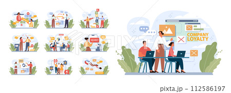 Employee loyalty set. Employee loyalty, motivation and performance growth. Staff management, development and adaptation program. Personnel mativation and remuneration. Flat vector illustration 112586197