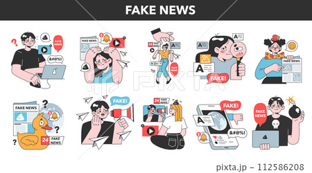 Fake news set. Manipulation and control over people mind. Media influencing and manipulating character. Propaganda, hoaxes and internet fakes. Flat vector illustration Fake news set. Manipulation and control over people mind. Media influencing and manipulating character. Propaganda, hoaxes and internet fakes. Flat vector illustration 112586208