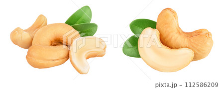 Roasted Cashew nuts with leaf isolated on white background with full depth of field. Roasted Cashew nuts with leaf isolated on white background with full depth of field. 112586209