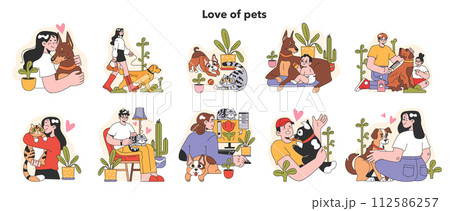 Happy pet owners set. Woman and man spending time with their cat and dog. Happy domestic animals and characters spend time together. Friendship between animal and human. Flat vector illustration Happy pet owners set. Woman and man spending time with their cat and dog. Happy domestic animals and characters spend time together. Friendship between animal and human. Flat vector illustration 112586257