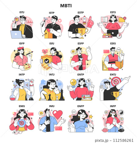 MBTI, socionics types set. Characters with different types of personality and mindset. HR psychological test for hiring and team building. Personal and professional growth. Flat vector illustration MBTI, socionics types set. Characters with different types of personality and mindset. HR psychological test for hiring and team building. Personal and professional growth. Flat vector illustration 112586261