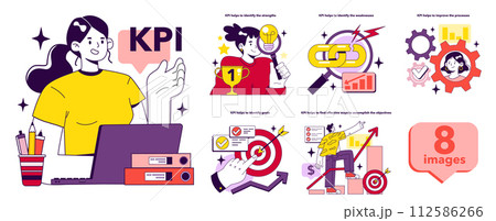 Key performance indicators implementation benefits set. KPI is an indicator to measure employee efficiency. Testing form to report worker performance. Staff management. Flat vector illustration 112586266