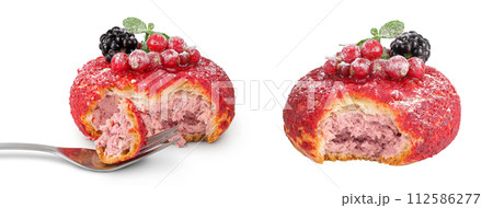 Cake shu eclairs with berries and red crumble isolated on white background Cake shu eclairs with berries and red crumble isolated on white background 112586277