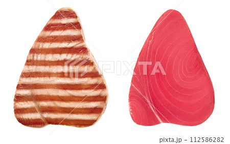 Tuna fish steak fresh and grilled isolated on white background. Top view. Flat lay 112586282