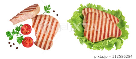 Tuna fish steak grilled isolated on white background with full depth of field, Top view. Flat lay 112586284