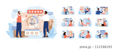 Customer feedback set. Consumer reviews public exchange. Sharing a purchased goods and services assessment in mobile app or social media blog, leaving anonymous feedback. Flat vector illustration 112586293