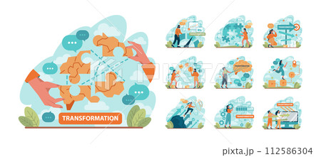 Transformation concept set. Development, changing and evolution towards the goal or destination. Modification process with time. Flat vector illustration Transformation concept set. Development, changing and evolution towards the goal or destination. Modification process with time. Flat vector illustration 112586304