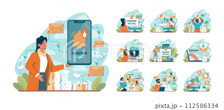 Subscription concept set. A reminder for new social media content, notification for subscribers. Blog promotion and internet marketing development. Flat vector illustration Subscription concept set. A reminder for new social media content, notification for subscribers. Blog promotion and internet marketing development. Flat vector illustration 112586334