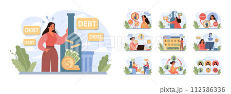 Female alcoholism set. Woman suffering from hard drinking, alcohol addiction. Drunk woman with a bottle of booze. Dangerous habit, unhealthy lifestyle awareness. Flat vector illustration Female alcoholism set. Woman suffering from hard drinking, alcohol addiction. Drunk woman with a bottle of booze. Dangerous habit, unhealthy lifestyle awareness. Flat vector illustration 112586336