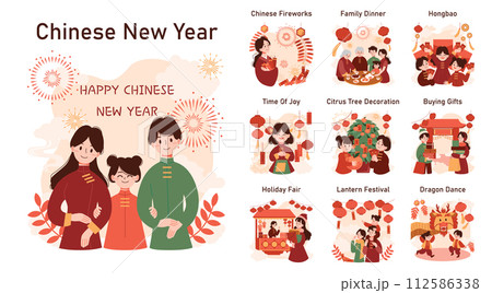 Chinese New Year tradition set. Cheerful asian family leisure on festive day. Characters celebrate national asian festivity with fireworks, lantern and dragon dance. Flat vector illustration Chinese New Year tradition set. Cheerful asian family leisure on festive day. Characters celebrate national asian festivity with fireworks, lantern and dragon dance. Flat vector illustration 112586338