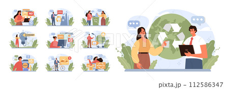 Conscious consumption set. Character with eco-friendly life-style. Sustainable practice in the daily life. Zero waste and recycling. Flat vector illustration 112586347