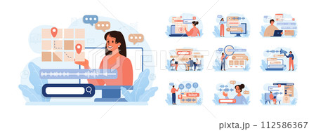 Voice search set. Artificial intelligence virtual assistant. Character speaking on microphone with browser request. Voice activated identification for digital security. Flat vector illustration 112586367