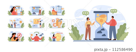 Seasonal affective disorder set. Lack of sunshine and short daylight hours. Character suffers from seasonal depression. Mental health problem concept. Flat vector illustration 112586490