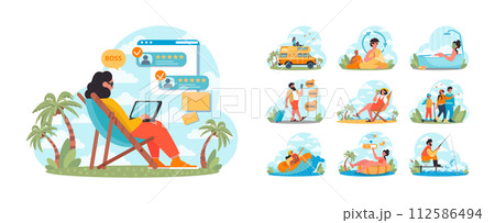 Summer holiday activities set. People relaxing and resting outdoors. Set of people swimming, walking and doing sport on summer vacation. Flat vector illustration 112586494