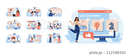 Virtual events set. Online education, conference, exhibition, friends meeting, business video call. Communication through the Internet. Flat vector illustration Virtual events set. Online education, conference, exhibition, friends meeting, business video call. Communication through the Internet. Flat vector illustration 112586502