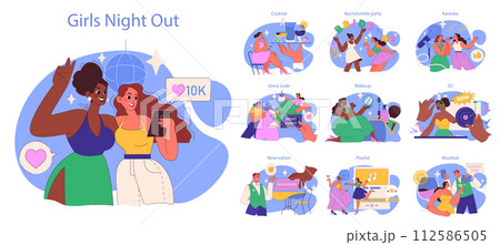 Girls Night Out set. Female friends going out together to celebrate with selfies, cocktails, and karaoke. Bachelorette, night club party with DJ. Flat vector illustration Girls Night Out set. Female friends going out together to celebrate with selfies, cocktails, and karaoke. Bachelorette, night club party with DJ. Flat vector illustration 112586505