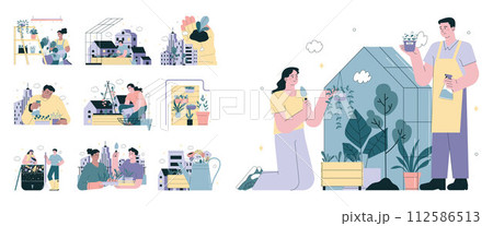 Urban farming or gardening. City agriculture. Characters planting and watering the sprout on the roof or balcony. Natural organic food growing. Flat vector illustration 112586513