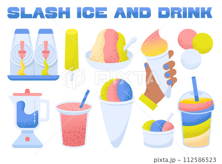 Slashy ice and drink set. Frozen summer sweets with different flavors. Refreshing beverage with shaved ice and toppings. Flat vector illustration 112586523