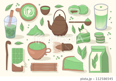 Matcha food set. Delicious sweets and drinks with green tea powder ingredient. Matcha latte, bubble tea and capuchino beverages. Chocolate, cheesecake and mochi dessert. Flat vector illustration 112586545