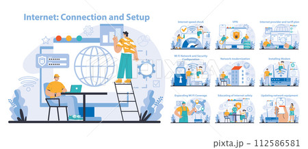 Wi-Fi network set. Specialist setting up, developing and maintaining wireless fidelity equipment. Secure connection configuration. Flat vector illustration 112586581