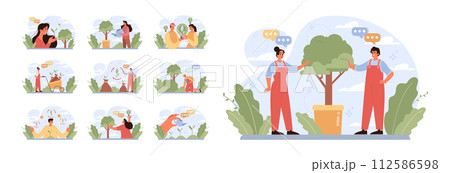 Gardening and planting set. Character taking care of plants, flowers and vegetables. Organic farm or house garden. Flat vector illustration Gardening and planting set. Character taking care of plants, flowers and vegetables. Organic farm or house garden. Flat vector illustration 112586598