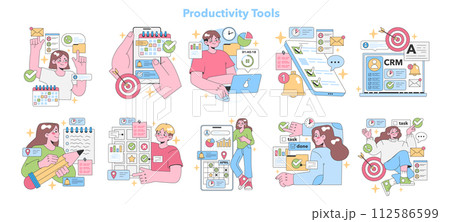 Productivity Tools set. Seamless workflow optimization with cheerful users. Task management, email organization, CRM insights, time tracking. Vibrant hues capture tech efficiency. vector illustration 112586599