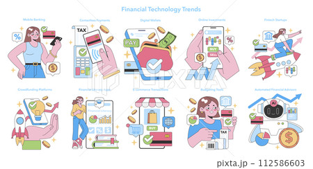 Fintech Trends set. Showcases modern financial services. Mobile banking, contactless payments, and investment apps. E-commerce and crowdfunding. Flat vector illustration. 112586603