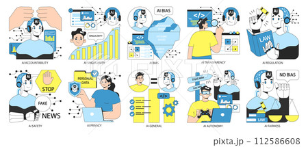 AI ethics set. Artificial intelligence alignment and regulation. Accountability, singularity and autonomy, bias types, transparency, safety and privacy. Flat vector illustration. 112586608