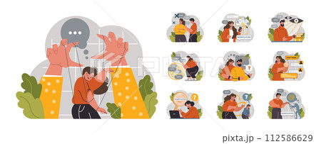 Manipulation. Psychological control method. Domination exploitation, emotional abuse and control. Toxic relationship, propaganda, internet addiction idea. Flat vector illustration 112586629