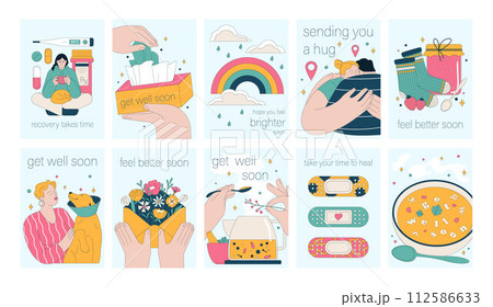 Get well soon card set. Positive and motivational poster with greeting quote. Medicine postcard with feel better lettering. Recovery affirmation and wishes. Flat vector Illustration 112586633