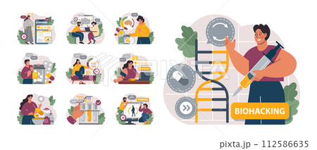 Biohacking set. Health' engineering and improving with modern monitoring system, supplements, diet, and lifestyle changes. Human biological well-being and youth maintaining. Flat vector illustration Biohacking set. Health' engineering and improving with modern monitoring system, supplements, diet, and lifestyle changes. Human biological well-being and youth maintaining. Flat vector illustration 112586635
