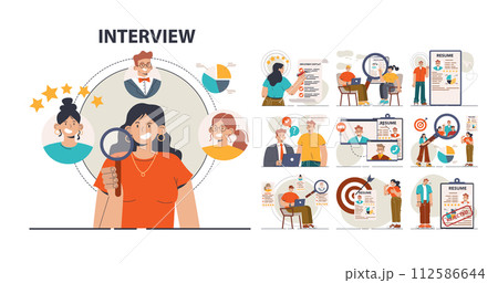Job interview set. Personnel recruitment or hiring procedure. Human resources manager searching for a job candidate. Head hunter interviewing vacancy applicant. Flat vector illustration 112586644