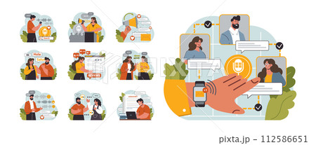 Verbal communication set. Public speaking, talking through a digital device or interpersonal discussion. Character telling, passing a message vocally or by writing. Flat vector illustration 112586651