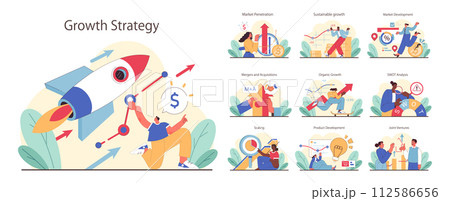 Growth Strategy set. Entrepreneurs drive success via rockets, market dives, and strategic tools. Market Penetration, Sustainable growth, Mergers. Organic progress, SWOT insights, Joint ventures. Growth Strategy set. Entrepreneurs drive success via rockets, market dives, and strategic tools. Market Penetration, Sustainable growth, Mergers. Organic progress, SWOT insights, Joint ventures. 112586656