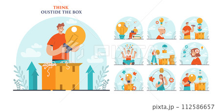 Out of the box set. Break through the barrier or problem with creativity and leadership. Character thinking differently or unique, out of the boarder. Flat vector illustration 112586657