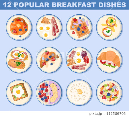 Popular breakfast dishes set. Healthy morning food top view. Eggs with bacon, toast with cheese and vegetables, pastry and oatmeal with fruits and berries. Traditional menu. Flat vector illustration 112586703